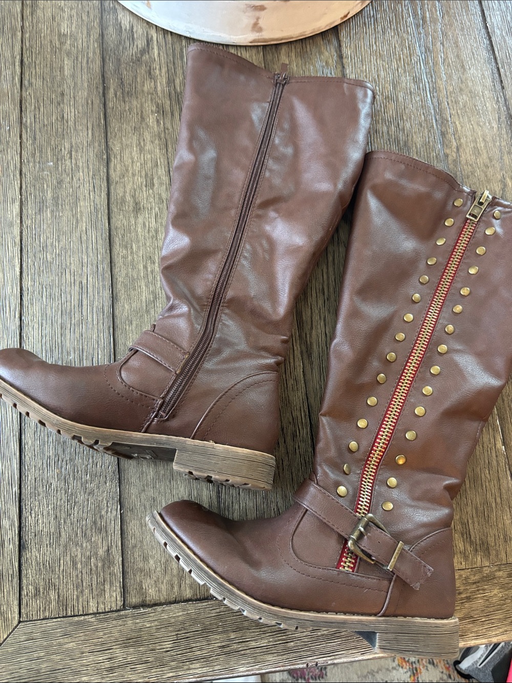 Brown Mid-Calf Riding Boots with Stud & Zip Detail - Womens